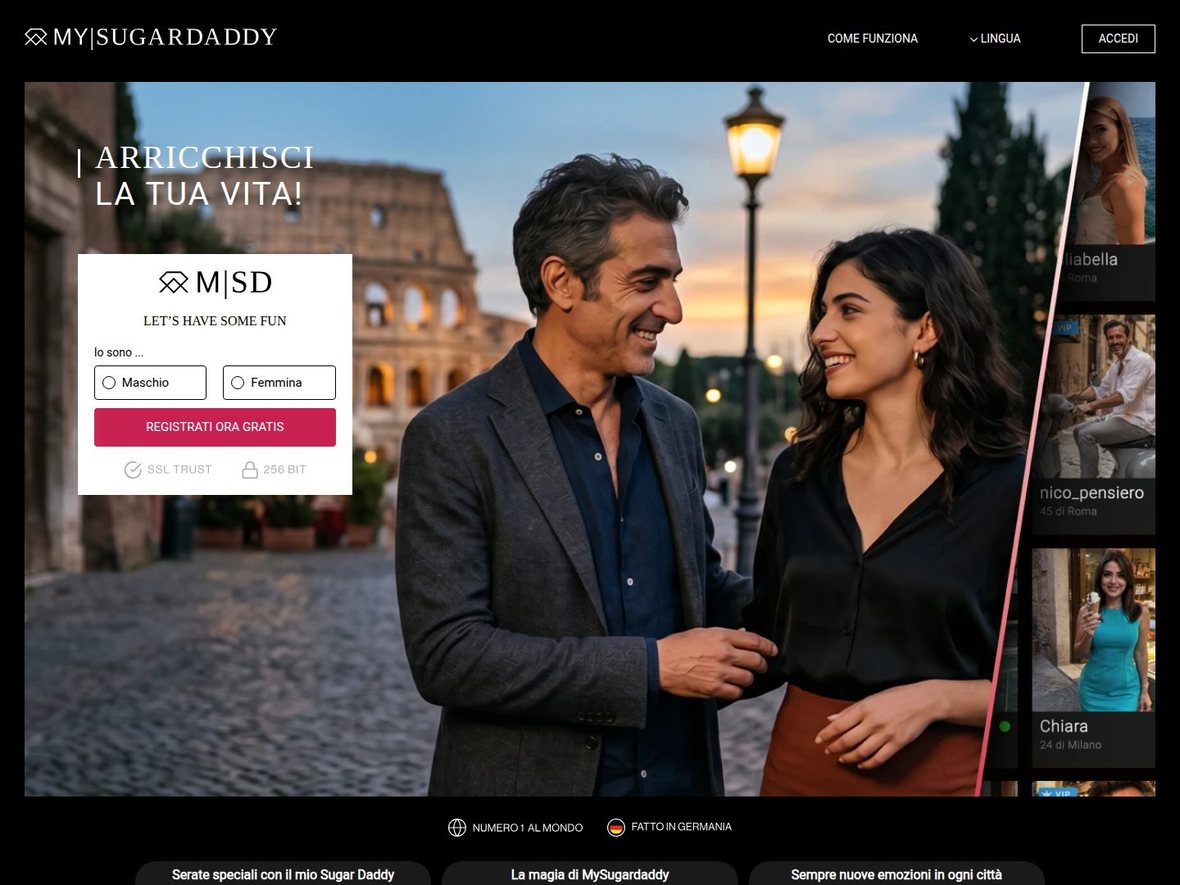 Home italiana da desktop con testata, foto, scheda di registrazione e colonna di profili