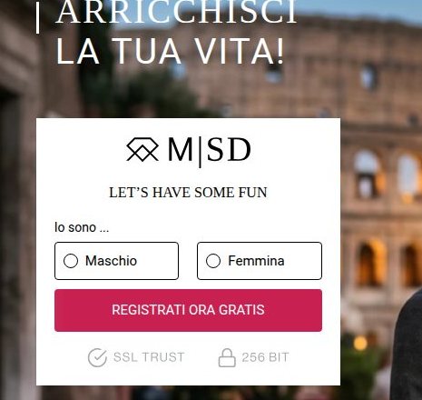 Scheda di registrazione della home con le caselle uomo e donna